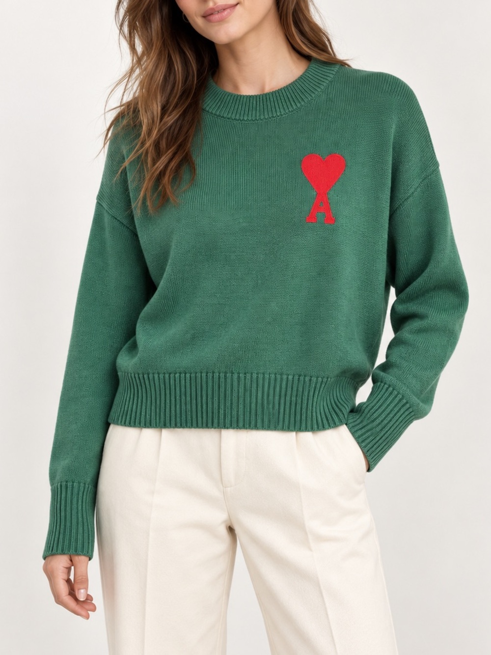 AMI Green Crewneck Sweater with Red Heart 'A' Patch